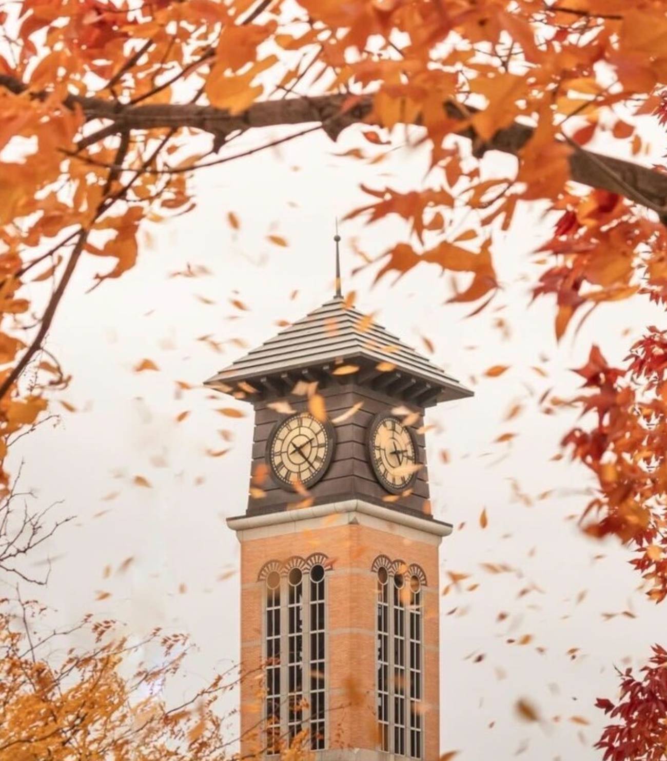 A photo of the GVSU downtown clocktower with fall leaves blowing around it. This photo was the winner of the 2022 #GVFall photo challenge.